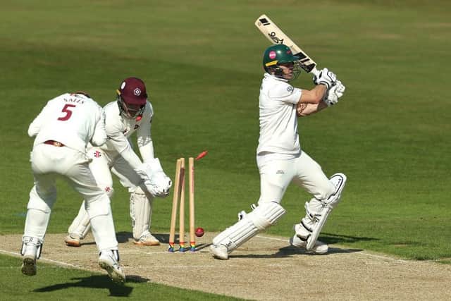 Leicestershire's Ben Cox is bowled by Northants leg-spinner Yuzvendra Chahal (Photo by David Rogers/Getty Images)