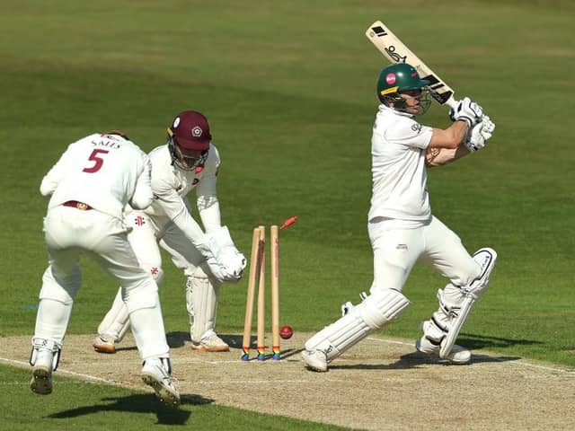 Leicestershire's Ben Cox is bowled by Northants leg-spinner Yuzvendra Chahal (Photo by David Rogers/Getty Images)