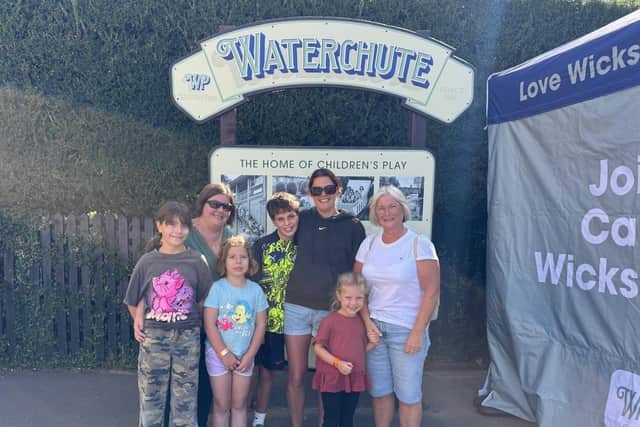 (From left to right): Poppy Ogden, Lucy Ogden, Holly Ogden, Ryan Judd, Michelle Judd, Debbie Thompson and Haisley Callum, were all selected to climb aboard Wicksteed Park's Water Chute for its one-millionth ride.