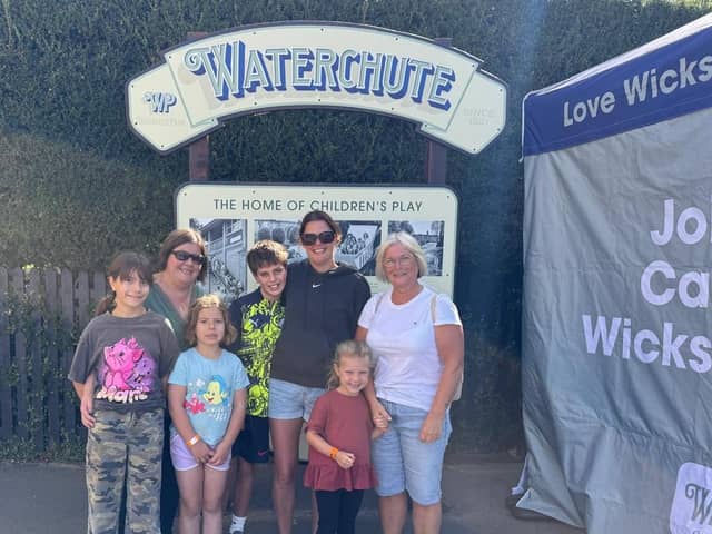 (From left to right): Poppy Ogden, Lucy Ogden, Holly Ogden, Ryan Judd, Michelle Judd, Debbie Thompson and Haisley Callum, were all selected to climb aboard Wicksteed Park's Water Chute for its one-millionth ride.