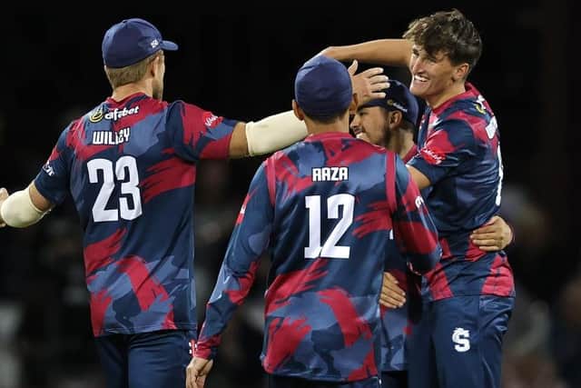 Raphy Weatherall is all smiles as he celebrates bowling the Steelbacks to victory over Worcestershire Rapids