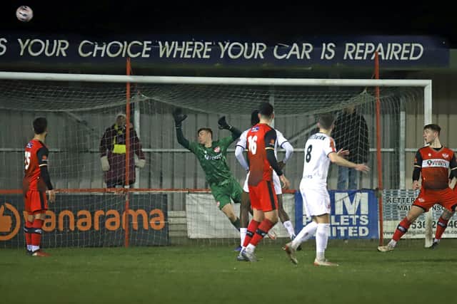 AFC Fylde's Luke Charman sent this effort over the bar in the first half at Latimer Park