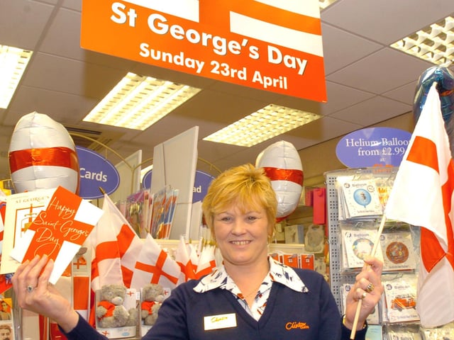 Kettering,Clinton Cards,Sue Gibson with some of the cards and flags,2006.