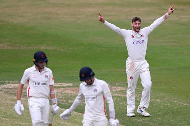 Rob Keogh is a happy man after claiming the wicket of Lancashire's Tom Bailey