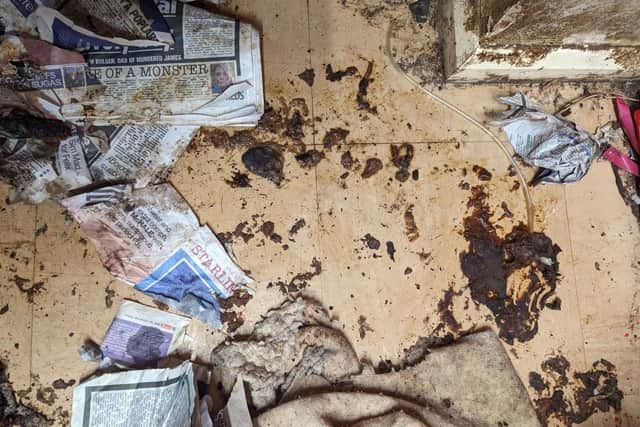The filthy state of the floor in Howard's home.