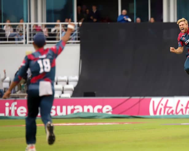David Willey celebrates the second of his two wickets against Derbyshire in style (Picture: Peter Short)