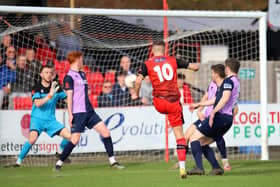 Keaton Ward opened the scoring with a fine volley before he went on to score again in Kettering Town's 4-2 win over Blyth Spartans. Pictures by Peter Short