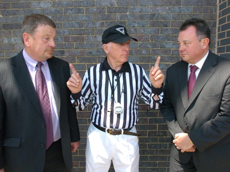 A Dragon's Den competition in 2008 between Lodge Park and Kingswood. Pictured are gladiators referee, John Anderson between Kingswood head David Tristram and Lodge Park head Tom Waterworth.