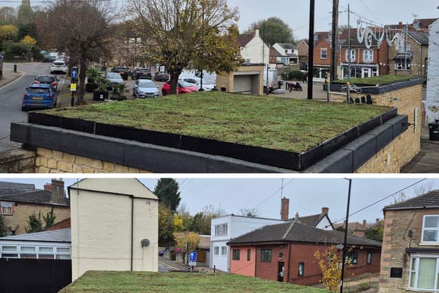 The two living roofs installed on bus stops at Marshalls Road Car Park in Raunds
