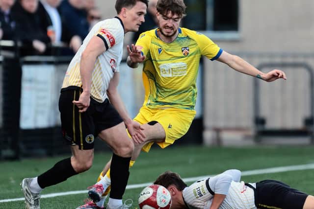 Goalscorer Will Jones in action for of Wellingborough Town in their 2-1 defeat at Racing Club Warwick on Saturday (Picture: Rob Webb)