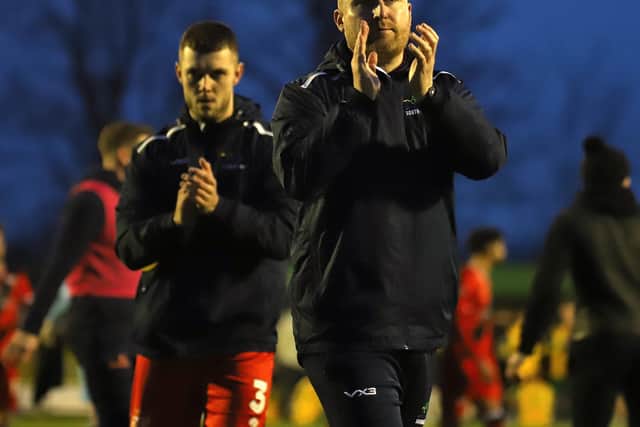 Jim Le Masurier applauds the travelling Poppies fans after the victory at Hitchin on Saturday (Picture: Peter Short)