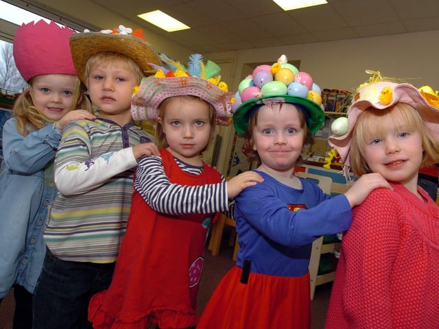 Corby, St Brendan's Parish Playgroup, Easter bonnet parade,
l-r Ruby Broad, 4, Declan Duncan, 4, Erin McClymont, 4, Brendan Bremner, 4, Annie O'Donnell, 4, 2010