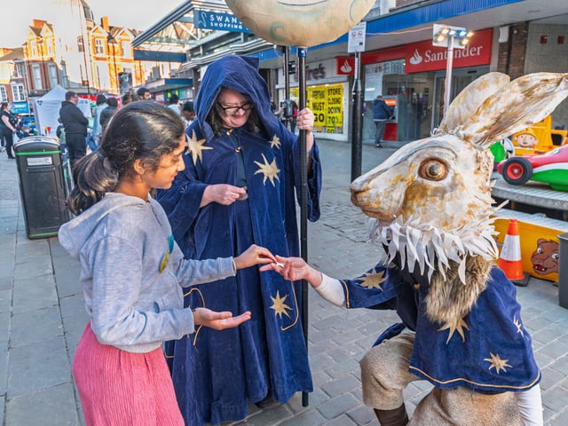 Hare and Moon delighted visitors in the town centre with their puppet walkabout