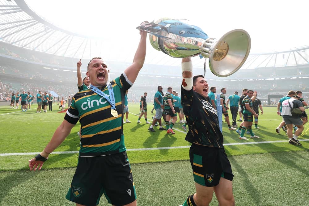 Anthony Belleau (right) lifted the Gallagher PREM trophy with Saints last season (photo by David Rogers/Getty Images)
