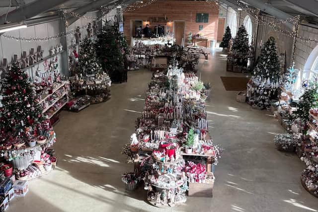 The farm's new barn, home to all of the Christmas decorations they have for sale.