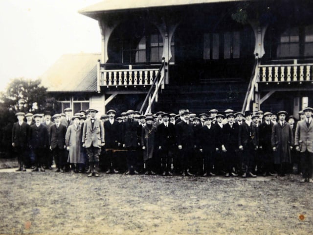 Rushden Constabulary in front of the pavilion at Rushden's cricket ground. Taken between 1914-18