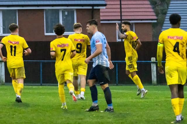 Bruno Andrade celebrates scoring for AFC Rushden & Diamonds at Coventry Sphinx. The match was abandoned at half-time after referee Julia Kings reported she had been the victim of 'a comment of a sexist nature' from a supporter in the first-half (Picture: Shaun Frankham)