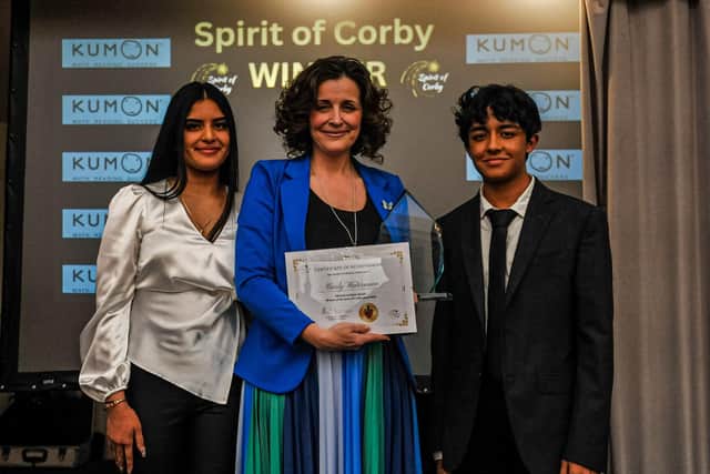 Former Lodge Park headteacher Carly Waterman with sponsors from Kumon. Photo courtesy of Jim Darrah.