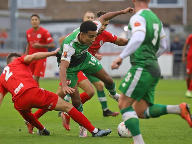 Action from Brackley Town's 3-0 success over Kettering Town at the weekend. Picture by Peter Short