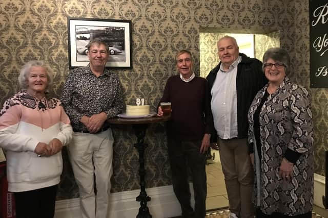 Helping busy Bert Jackson, centre, celebrate at his surprise birthday bash were the current mayor, Nigel Brown, second right, and three former mayors, Pam Whiting, Chris O’Rourke and Tina Reavey