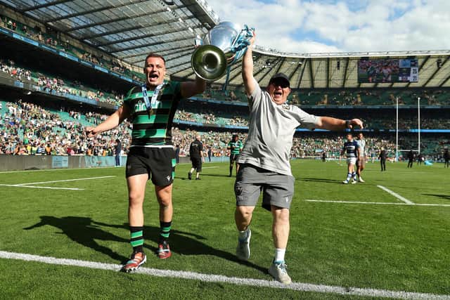 Curtis Langdon celebrated with kitman Kevin Buckby after Saints claimed Gallagher Premiership glory at Twickenham (photo by David Rogers/Getty Images)