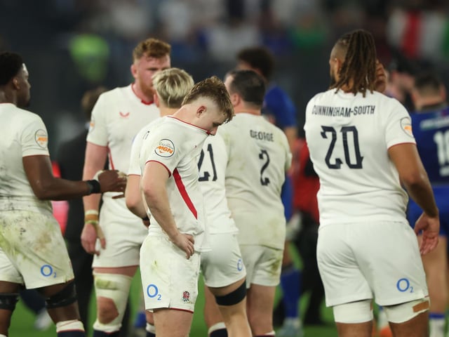 Fin Smith showed his disappointment as England were beaten in Rome (photo by David Rogers/Getty Images)