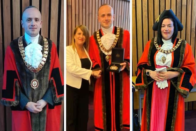 New Corby mayor Cllr Callum Rielly (left), the new mayor pictured with Sonia Ketley of Charlbeck Jewellers (middle) and new deputy mayor Cllr Susanne Cunningham (right)