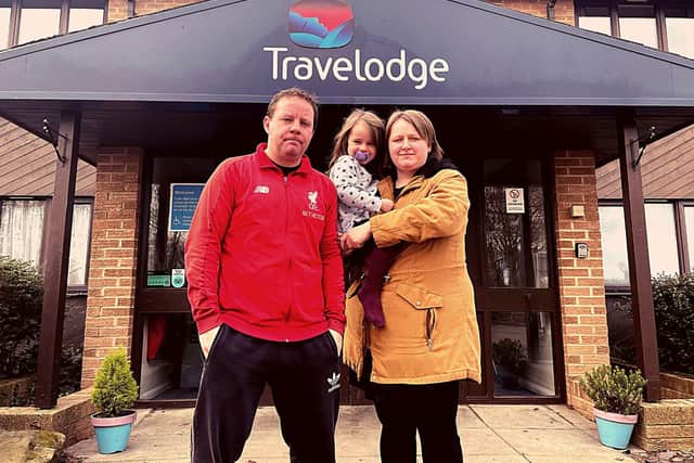 Frank Muir, Natalie Wilson and their four-year-old daughter from Corby are living in a Travelodge twenty miles from home because they've been left with no other option.