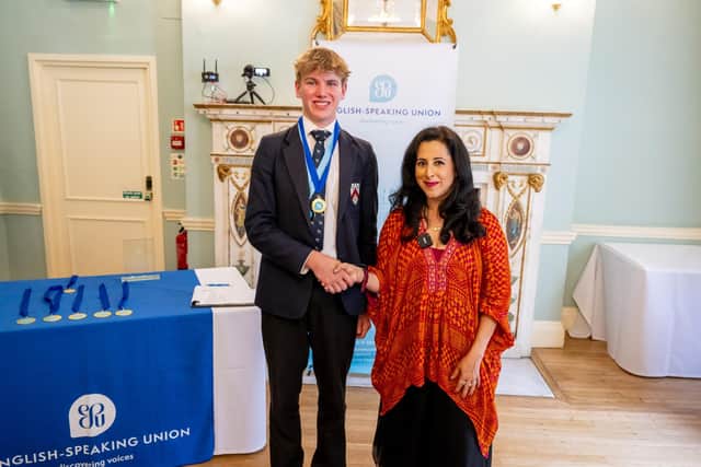 Hamish Clarke from Oundle School, Best Questioner at the final of the English-Speaking Union’s Public Speaking Competition 2026, with chair judge, broadcaster and author Anita Anand