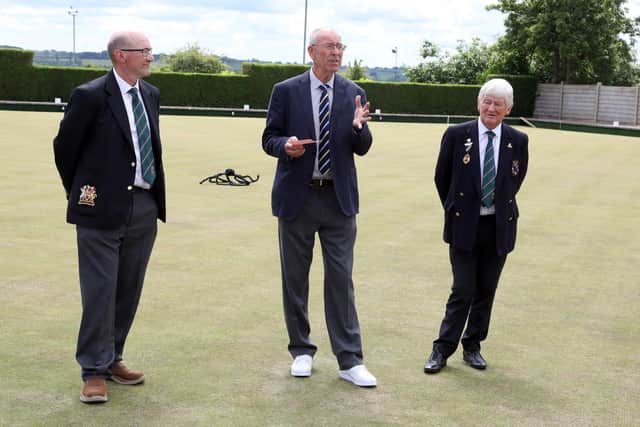 Centenary of Earls Barton Bowls Club,  l-r president Neil Gould, Nick White,  club captain Richard Paintin
Saturday, May 28 2022