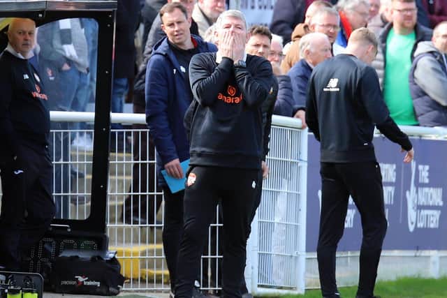 It was another tough day on the road for Lee Glover and his Kettering Town team at Spennymoor Town. Pictures by Peter Short