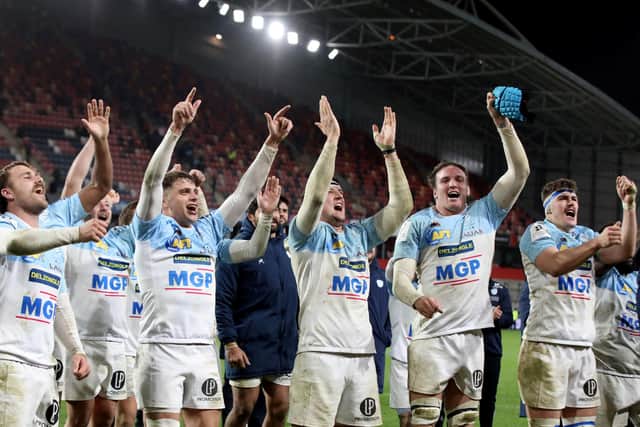 Bayonne celebrated claiming a draw at Munster last month (photo by PAUL FAITH/AFP via Getty Images)