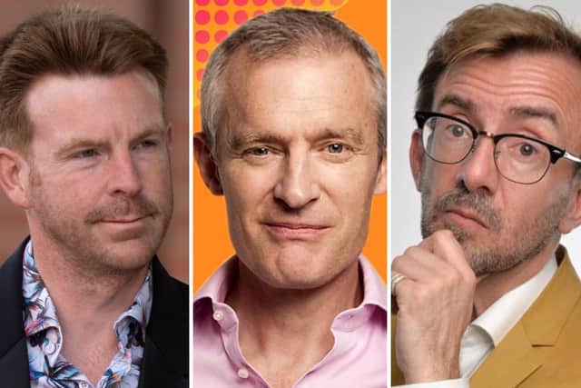 Alex Belfield (left) denies stalking eight BBC employees including veteran TV and radio presenter Jeremy Vine and Radio Northampton's Bernie Keith (right)