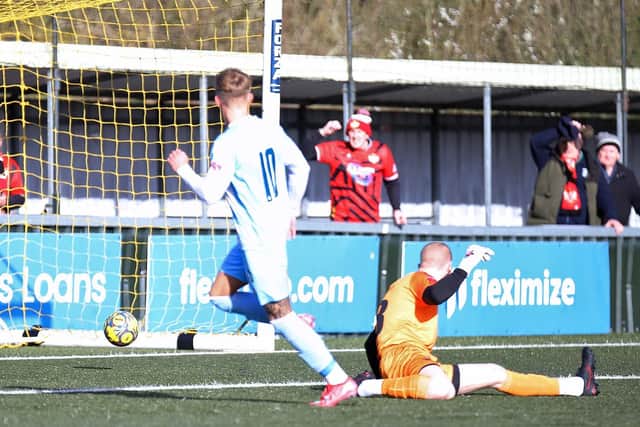 Eddie Panter slots home Kettering Town's opener at AFC Sudbury on Saturday (Picture: Peter Short)