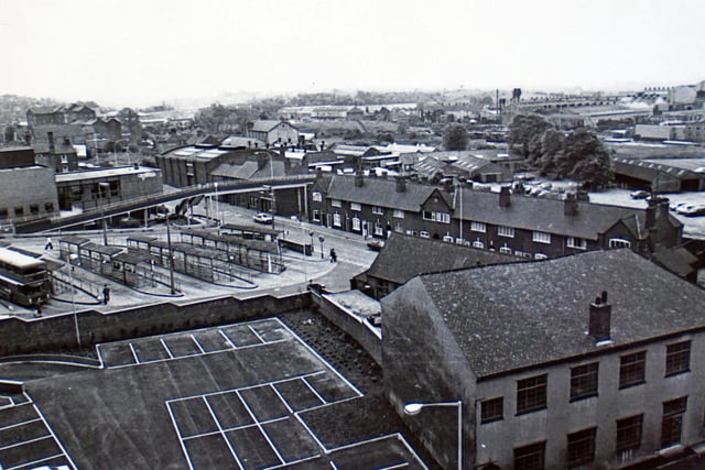 Markham Road in 1981 shoiwng the bus station before it was redeveloped and the footbridge that used to span the road