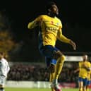 Shaun Jeffers celebrates scoring for St Albans City in an FA Cup second round win over Forest Green Rovers in 2021 (Photo by Alex Morton/Getty Images)