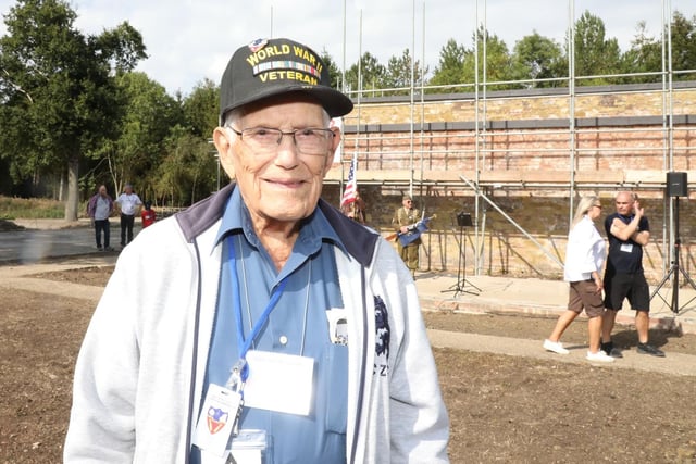 Grafton Underwood US airbase museum volunteers welcome returning veteran Henry Kolinek - a tail gunner