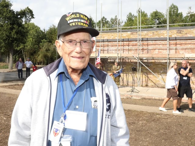 Grafton Underwood US airbase museum volunteers welcome returning veteran Henry Kolinek - a tail gunner