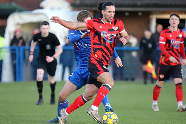 Andi Thanoj on the ball for Kettering in the 4-1 defeat at Leiston (Picture: Peter Short)