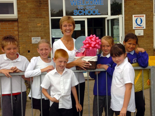 Corby: Exeter Primary school retirement  deputy head Shelia Parslow with Kimberley Baker, Teresa Jesus, Taylor Meakins, Keirra Lauder, Craig O'Neill, Joshua Barr, 2008