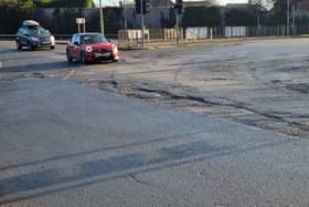 Potholes on the A43/Rockingham Road roundabout, pictured before repairs were carried out in January
