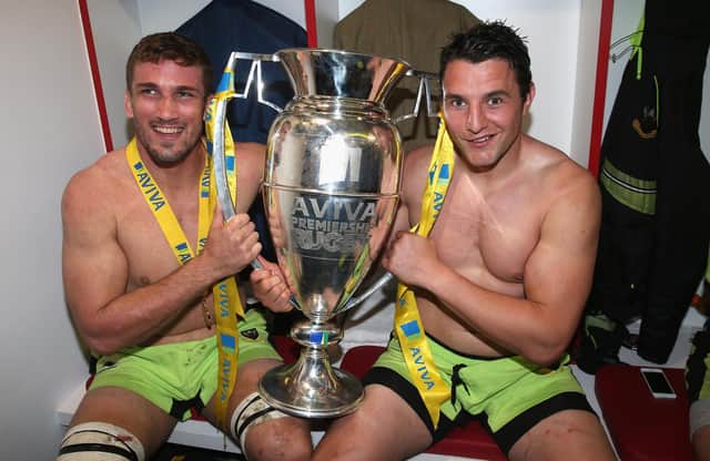 Christian Day with current Saints forwards coach Phil Dowson after the Premiership title win at Twickenham in 2014