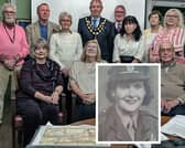 The newly-qualified tour guides join the very first batch of guides, Gwen Tobin (seated left) and Barry Matson (seated right), guests and organiser, Carol Fitzgerald (seated centre) at the certificate presentation (Credit: Robert Barnatt) and Betty Gilbert (inset)