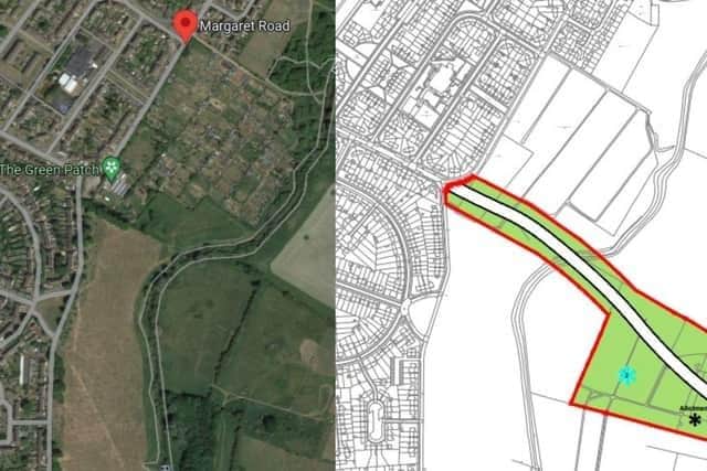 Left, a satellite image of the site as it stands and, right, the original masterplan showing the location of the potential link road