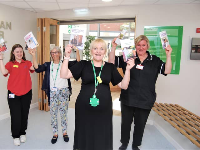 Macmillan Cancer Information and Support Service Lead, Danielle Mellows, (centre) with L-R  Volunteer Chloe Wilkins, Information and Support Officer Mary Chapman, and KGH’s Macmillan Head of Nursing for Cancer