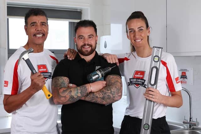 Chris Kamara and Jill Scott celebrate another Game Changer kitchen fit.
