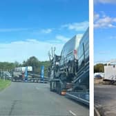 Left: Car transporters arrive at the site. Right: One of the buildings that has been put up before planning permission has been granted. Images: Angela Charlton / Simon Rielly / Others.