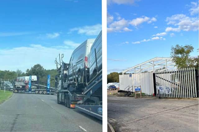 Left: Car transporters arrive at the site. Right: One of the buildings that has been put up before planning permission has been granted. Images: Angela Charlton / Simon Rielly / Others.