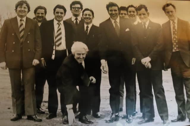St Patrick's Day 1973. From left to right: Aidan Flynn, Patsy Kelligan, Con Murphy, Jimmy Rattigan, Jimmy Gallagher, John Higgins, Jimmy Keenaghan, John Coyne, Seamus Murphy, Jim Smith, and Peter Lynch (at the front).