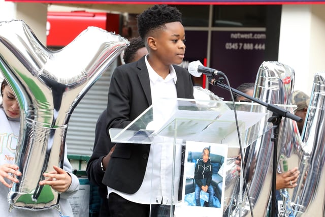 Tuvya Balogun-Williams, 13, speaks at the vigil
